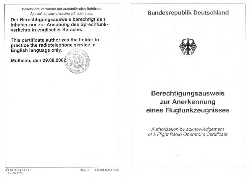 Certyfikat Radiooperatora (DE/Strona 1)