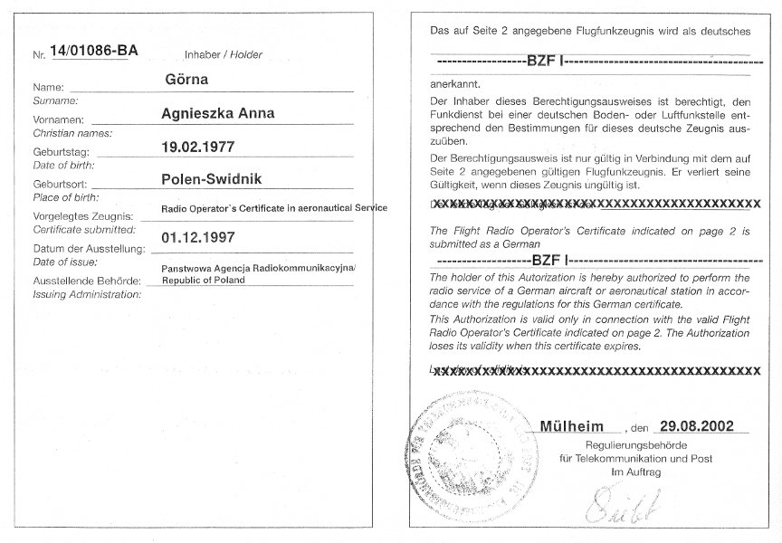 Certyfikat Radiooperatora (DE/Strona 2)