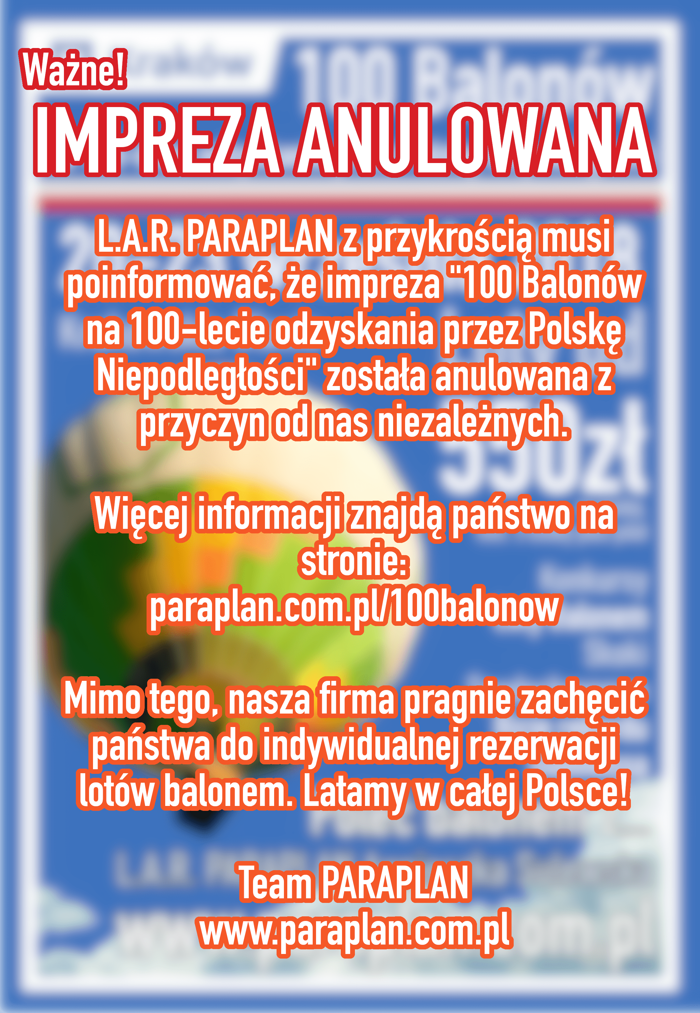 ANULOWANO: Zaproszenie na imprezę 100 balonów na 100-lecie odzyskania przez Polskę Niepodległości (20-23 września 2018) ANULOWANO: Zaproszenie na imprezę 100 balonów na 100-lecie odzyskania przez Polskę Niepodległości (20-23 września 2018)